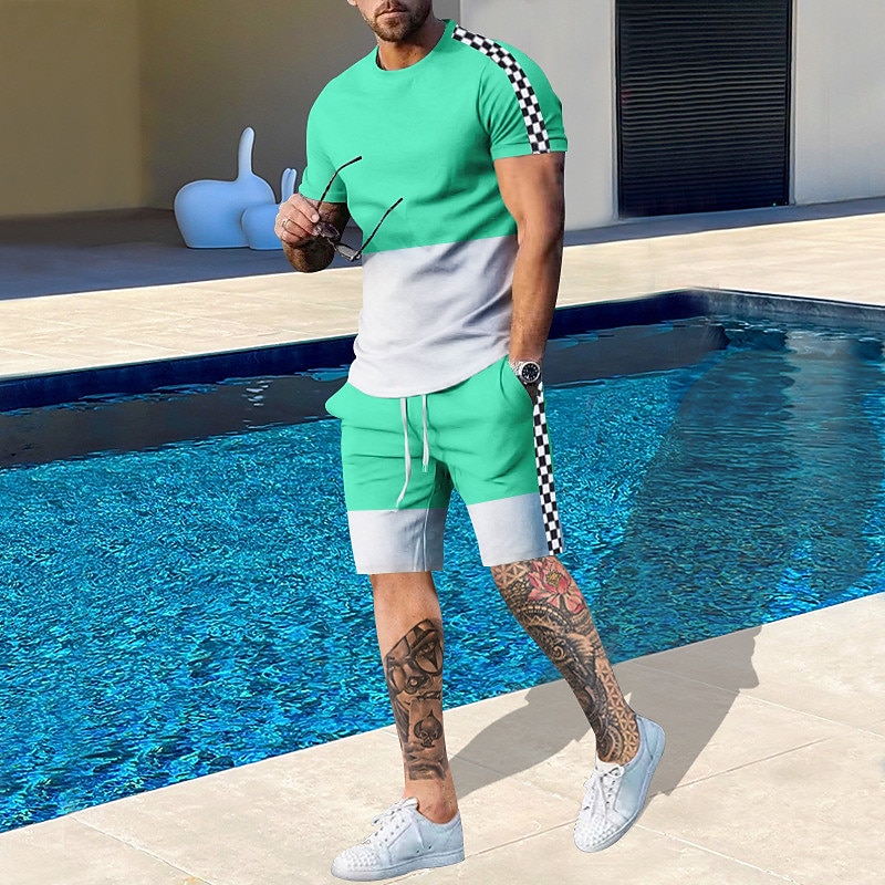 Embellish Knit - Men's Pattern Color Blocked 2-piece Set